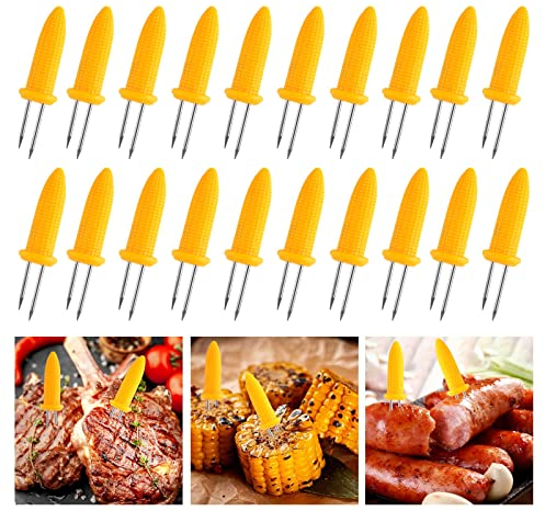 AYNKH 20 soportes para mazorcas de maíz, tenedor de acero inoxidable, mango de silicona doble tenedor anti-caldera para cocina, barbacoa, fiesta, camping, festival de comida