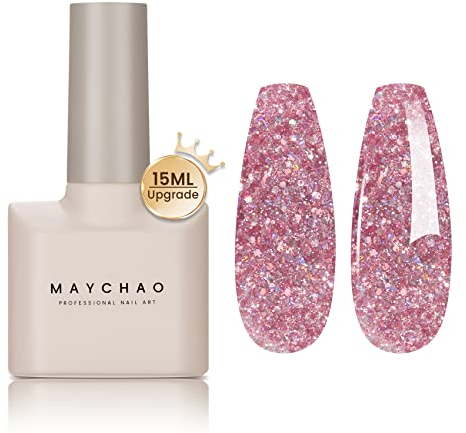 MAYCHAO Pink Glitter Gel Nail Polish, 15ML Soak Off UV LED Nail Art Starter, Manicure Salon DIY at Home, 0.5OZ