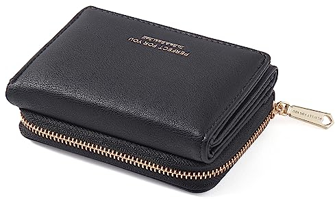 Geldbörse Damen klein, Geldbeutel Damen klein, kleines Portemonnaie mit Große Kapazität, Elegante Geldtasche mit Großes Münzfach 77-Schwarz