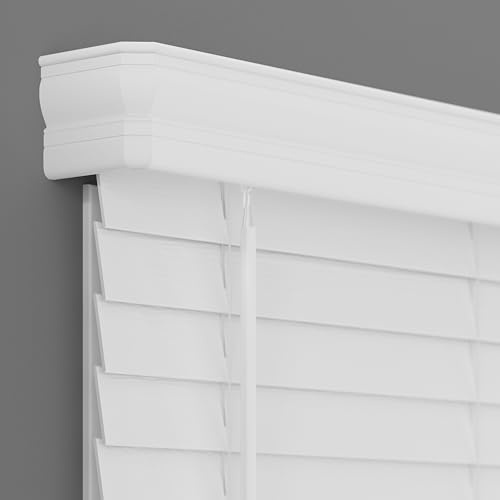 Lumino 2 Cordless Faux Wood Blinds – 29 W x 64 L - White, Room Darkening Window Blinds for Indoor Windows, Custom Size Faux Wood Plantation Blinds with Classic Valance, Inside Mount, Easy Install