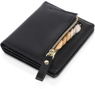 Moorle Damen Geldbörse, Kleines Damen Portemonnaie, Schwarz Leder Geldbeutel Geldbörse Münzfach Damen, Portemonnaie mit Reißverschluss Mehreren Kartenfächer für Feste Geschenk