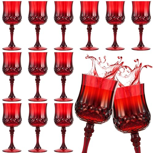 Pinkunn 12 Pcs 7 oz Plastic Vintage Wine Glasses Reusable Colored Goblets Patterned Drinking Water Glasses Cup Dishwasher Safe for Mother's Day Wedding Reception Party Supplies (Red)