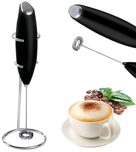 Electric Milk Frother Handheld Mini Foamer with Base Coffee Maker Egg Beater for Chocolate Cappuccino Frappe Stirrer Portable Blender Whisk Tools (Black)