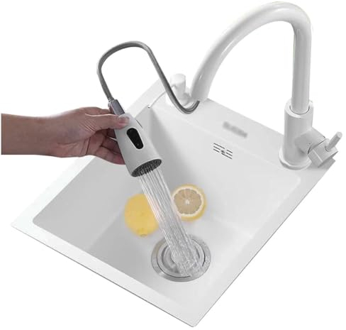Küchenspülen Praktische Küchenspüle Für Apartment-Studio Kleines Waschbecken Mit Ausziehbarem Wasserhahn-Siphon Weißes Einbauwaschbecken Aus Edelstahl (Color : Weiß, S : 45 * 40cm)