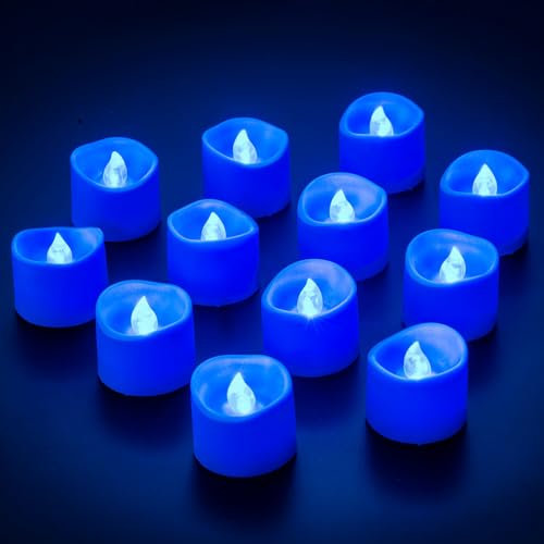 Yakpo Confezione da 12 lumini votivi senza fiamma, funzionamento a batteria, con fiamma tremolante blu, candele votive elettriche per esterni, per matrimoni, feste, compleanni, Halloween, decorazioni