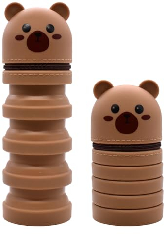 RoMuka Kawaii Federmäppchen 2-in-1 Schlampermäppchen und Stifteköcher, Teddy Bear Silikon Federmäppchen Mädchen, Ständer Bleistifthalter, Teleskopisch Mäppchen, Stifteköcher für Teenager Schülerin