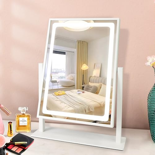 WITFAMILY 13.7 x 10.2 Hollywood Makeup Spiegel mit Beleuchtung, 1-10X Spiegel Vergrößerung, 3 Farben Winstellbarer Led Schminkspiegel, USB Aufladbarer Beleuchteter Reisespiegel(Weiß)
