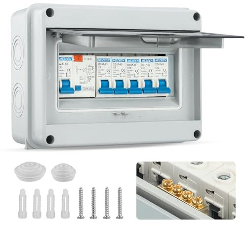 4-Way Consumer Unit Circuit Breaker - 63A 30mA RCD 4MCB 6A+10A+20A+32A, IP65 Anti-Leakage Fuse Box With Protective Plastic Shield for Outbuildings, Garage, Shed