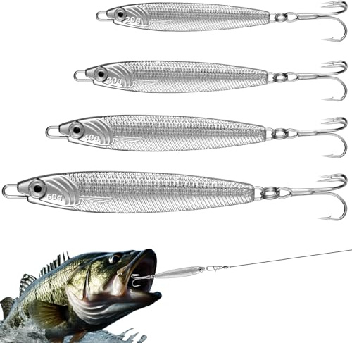 Annyswit 4 Pcs Metal Sea Fishing Lures with Trebles Hooks Silver Minnow Spoon Lures 20g 30g 40g 60g Pike Sea Fishing Tackle Metal Jigs for Mackerel & Cod & Bass & Freshwater(20g, 30g, 40g, 60g)