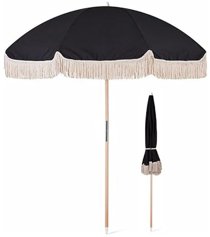 JEKKAH Ombrellone Da Spiaggia For Esterni Da 78,7 Pollici Con Nappe, Palo In Legno Inclinabile E Ombrellone Girevole (Material : Black)