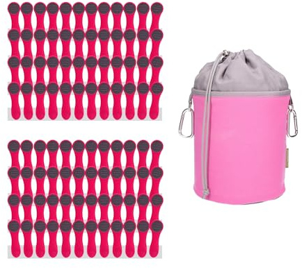 96 Wäscheklammern mit Druckfedern aus Edelstahl, Softtouch Pink, 1 Canvas Wäscheklammerbeutel Pink Grau