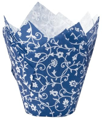 Demmler Muffin-Tulip-Wraps - Muffinförmchen - Tulipförmchen - Tulpen Form - Farbe: Classico Weiß/Blau - Größe: 5 x 5 x 9 cm - 24 Stück - Made in Germany