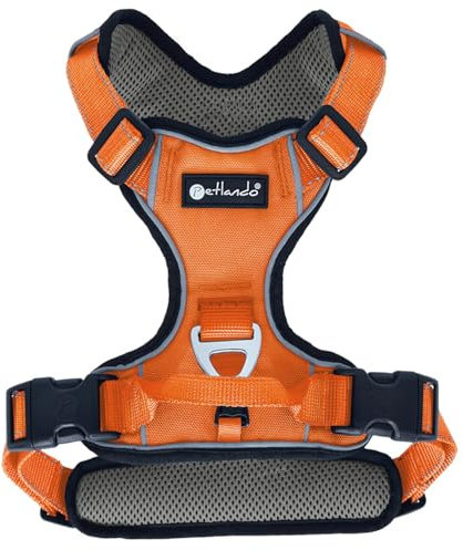 Petlando Hundegeschirr Outdoor – stark reflektierend, gepolstert, atmungsaktiv, robust, stufenlos verstellbar, Zwei D-Ringe – Orange, XL (Halsumfang 58-76cm, Brustumfang 82-106cm)