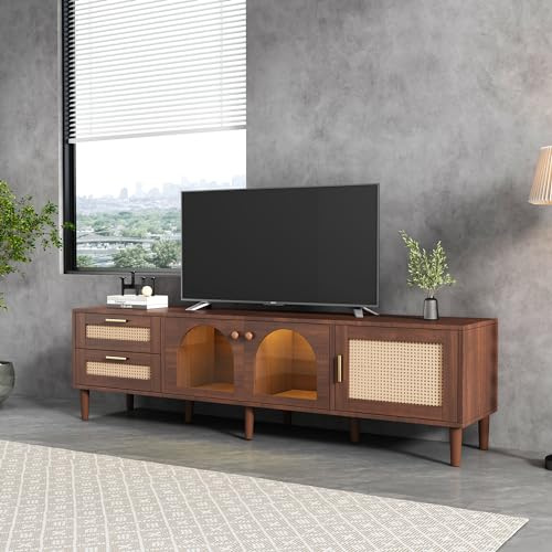 MURUL Mueble de TV marrón para televisor de 80 pulgadas – con 2 cajones de ratán, 2 puertas de cristal abovedadas y 1 puerta de ratán, iluminación LED, tablero de TV, ofrece un almacenamiento elegante