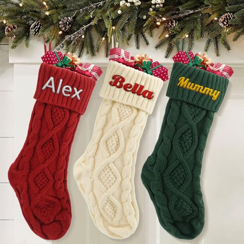 JONZIN Weihnachtsstrumpf Personalisiert, Weihnachtssocken Zum Aufhängen, 18 große gestrickte Weihnachtsstrümpfe mit Namen, Nikolausstrumpf für den Kamin, Weihnachtsfeier-Dekoration (3, Socke)