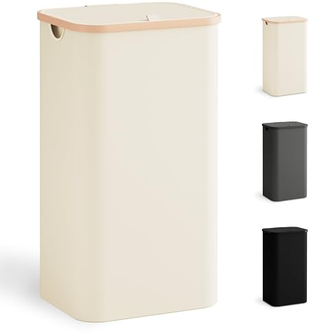 YOUDENOVA Panier à linge avec couvercle 100L, collecteur de linge étroit avec sac à linge, trieur de linge pliable avec poignée en plastique, coffre à linge, (Beige)