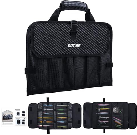 Goture Kunstköder Tasche, tragbare Ködertasche, organisierte Angel-Aufbewahrungstasche für Angelzubehör, wasserdichte 600D PU-Ködertasche für Meerwasser und Süßwasser mit herausnehmbaren Trennwänden