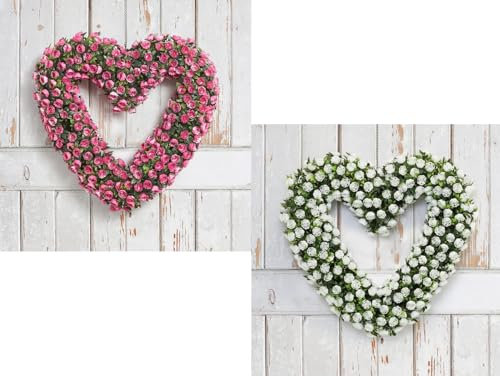 Artificial Hanging Rose Heart Topiary Wreath, 42cm in Diameter, 30cm Length Chain (white or pink to choose from) (PINK)