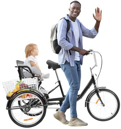 TONFEION Dreirad für Erwachsene 20 Zoll, Single-Speed Senioren Dreirad, 3-Rad Fahrrad mit Kindersitz und Einkaufskorb, Verstellbarer Lenker&Sattel (Schwarz)