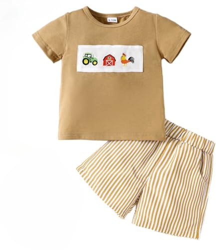 LUVCES Conjunto de Verano para Bebé Niño Pequeño Manga Corta Dinosaurio Bordado Camiseta y Pantalones Cortos de Rayas 2 Piezas Ropa de Trajes