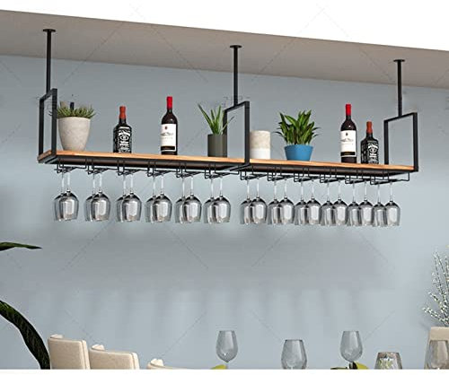 Estante de madera maciza para colgar copas de vino, estante de almacenamiento montado en la pared con soporte de vidrio de hierro forjado, fácil instalación y capacidad de carga de 70 kg, color negro,