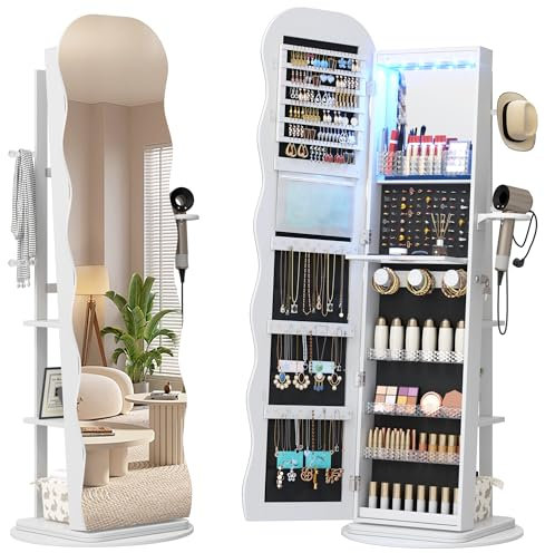 LVSOMT Armoire à bijoux LED avec Miroir Ondulé, Rotative à 360° Armoire à bijoux Verrouillable, Armoire Miroir Debout pour Salon et Chambre à coucher, étagère à 3 niveaux et 3 crochets, Blanc