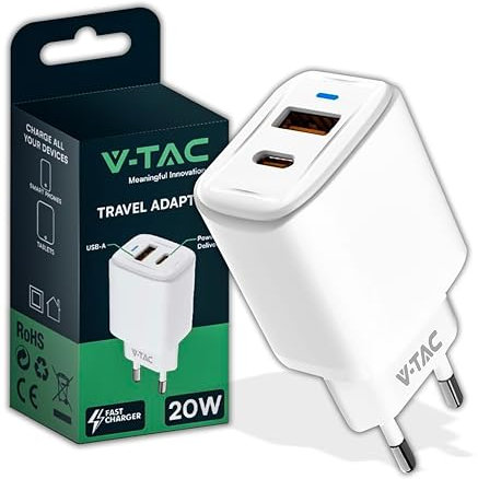 V-TAC Chargeur Rapide PD 20W USB-C pour iPhone et Samsung – Ultra Rapide pour Smartphones et Appareils – 2 Ports USB Type C et USB A pour iPhone 13/14 / 15/16 Pro/Max et Galaxy S24 /S25