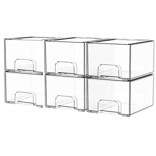 Yieach 6 Pack Small Stackable Storage Drawers,4.4 Inch Tall Stacking Acrylic Clear Storage Bins for Bathroom Vanity,Undersink,Pull Out Drawer Organizers for Beauty,Makeup,Medicine Cabinet Organizers