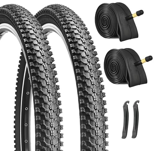 Hycline 2er-Pack MTB Faltbarer Fahrradreifen: 24x1.95 (50-507) MTB Fahrradmantel and Paar 24 Zoll Schlauch FV (32mm) 30 TPI Schwarz with 2 Reifenheber