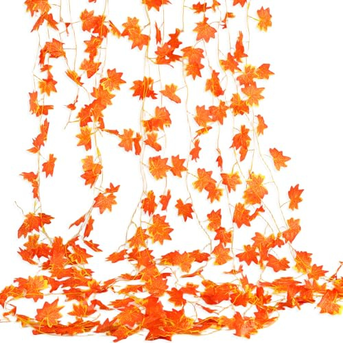 Herbstgirlande,2.4M/12 Stück Ahornblätter Reben,Künstliche Herbstblätter | Girlande Herbstdeko, Seide Herbstblätter Reben für Zuhause Garten Thanksgiving Holloween Deko