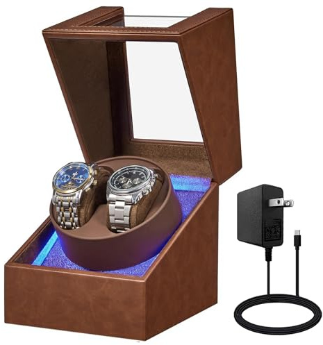 BEWISHOME Watch Winder for Automatic Watches, Double Watch Widner with Led Light 4 Modes, Automatic Watch Winder Box Watch Spinner with Japanese Quiet Motor Type-C Adapter or Battery Powered, SYQ02Z
