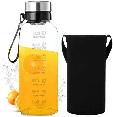 Pesoncarl Wasserflasche mit Zeitmarker 2L Klar hohes Borosilikat -Glaswasserflaschen mit Lanyard, Hülse und abnehmbarer Filter und Leckschutz -Spülmittel, Kantinenflaschen, Flaschen