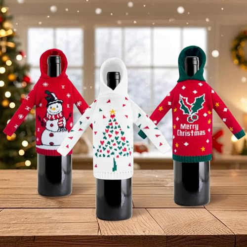 SPERMUOY Flaschen deko weihnachten,3 Stück Flaschenverpackung Weihnachten Flaschen Deko flaschenüberzug weihnachten Weihnachtsflaschentasche für Home Dinner Tischdeko