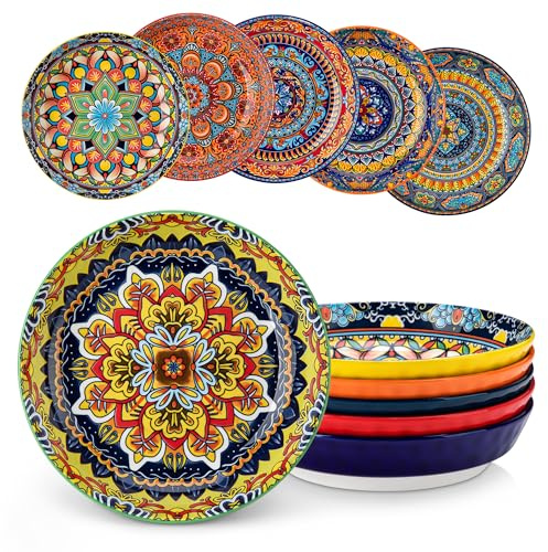 vancasso KRVI Pasta Bowls, 32 oz/960 ml Porcelain Salad Bowls Set of 6, Large Corlorful Serving Bowl for Kitchen, Dishwasher & Microwave Safe Soup Bowl Set, Pasta Plates