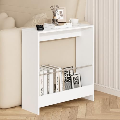 Slim Side Table with Magazine Rack,Narrow End Table with Open Storage Shelf,2 Tier Sofa Table,Bedside Table,Wooden Couch table,Modern Coffee Table for Living Room,Bedroom,Office (White)