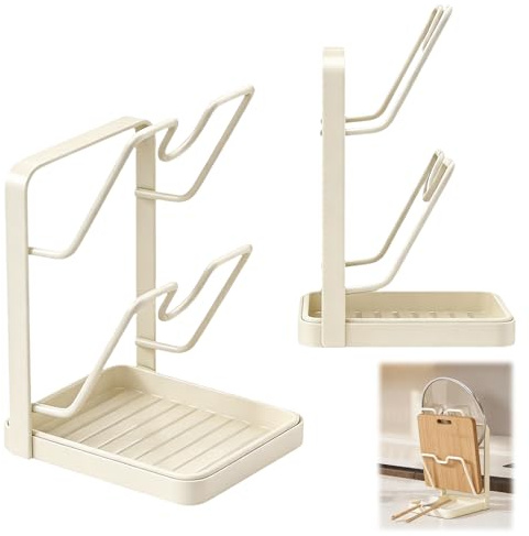 2Pcs Kitchen Pot Lid Storage Rack & Organizer – Pan Lid Cutting Board Holder Storage On Counter, Kitchen Pot Organizer Rack With Removable Drip Tray, Space-saving Board Cover Stand For Countertop