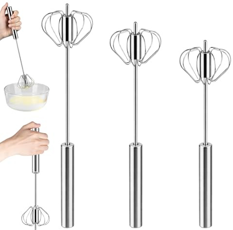 3 Pz Frusta a Mano, Fruste in Acciaio Inox, Frusta da Cucina Semiautomatiche in Acciaio Inox, Fruste a spinta manuale rotanti per mescolare, sbattere, montare e amalgamare