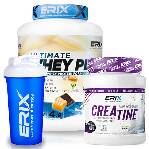 ERIX Nutrición Pack Whey Plus Ultimate 2Kg+ Creatina Monohidrato Neutra 500g+ Shaker Azul, Proteína Concentrada de Suero Leche, Rendimiento y Recuperación Muscular (Chocolate con Caramelo)