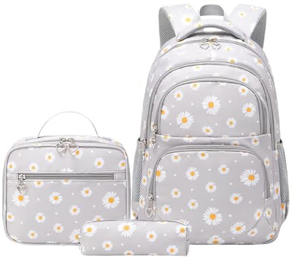 Skolflicka-ryggsäck – grundskola bokväskor set, skolväskor-set med blomtryck för tonåringar, flickor, tonåringar, resor, semester, gå ut, dagligen, grå, Siehe Beschreibung, Se beskrivning