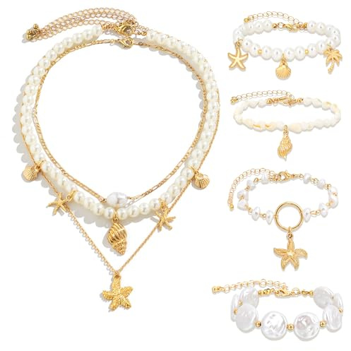 PHOGARY Muschelkette für Damen, Perlenhalskette Boho Schmuck Muschel Halskette Armband Set, Sommer Schmuck Böhmischer Stil Perlenarmband, Fußbänder mit echten Muscheln