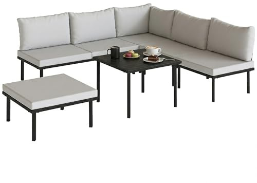 Outsunny Lounge Gartenmöbel Set 5-6 Personen mit Lamell-Tisch Hellgrau | Gartenlounge Set, 2 Sitzer Gartensofa, 2 Stühle, Eckstuhl, Fußhocker, Dicke Kissen, Ecksofa, Outdoor Sitzgruppe