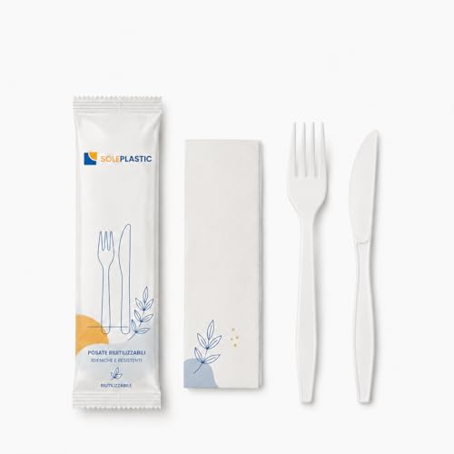 100 Posate Da Viaggio BIS IMBUSTATE SINGOLARMENTE | Coltello,Forchetta e Tovagliolo RIUTILIZZABILI da 16 cm - RESISTENTI per Cibi Caldi - Set Posate per ogni Occasione