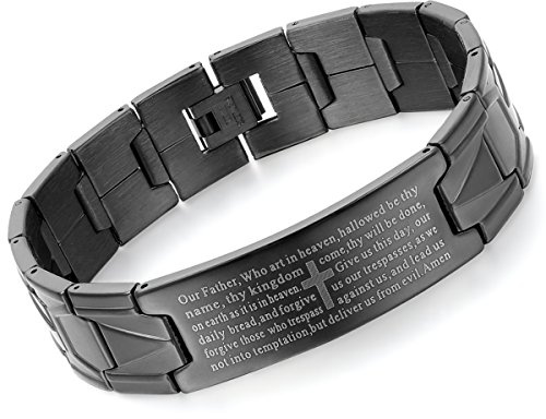 Cupimatch - Pulsera de Cadena para Hombre, Estilo Vintage, religioso, de Acero Inoxidable, con Cadena de eslabones de Cruz de oración de la Biblia Inglesa de 8,3 Pulgadas