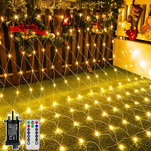 Ollny Net Lights Outdoor, 200 LED 3m x 2m Christmas Fairy Lights Mains Powered, Waterproof Mesh String Light with 8 Lighting Modes/Timer/Remote/Dimmable, for Xmas Tree/Outside/Garden, Warm White