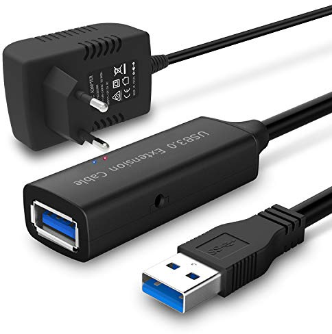 RSHTECH Cable Alargador USB 3.0 con Fuente Alimentación 5 V 2 A, Cable Extensión Activo USB 10 m, Cable de Alta Velocidad Hembra A con Amplificador de Señal, Repetidor de 5 Gbps