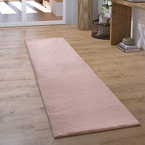 Paco Home Hochflor Teppich Wohnzimmer Schlafzimmer Shaggy Modern Flauschiger Fellteppich Weich Fell Imitat Kunstfell Einfarbig, Grösse:80x300 cm, Farbe:Pink