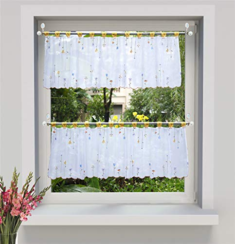 Dreamskull Scheibengardine Voile Bistrogardine Landhaus Küche Kurz Modern Kurzstores Gardinen Kurzgardine Küchengardine Transparent 45 cm Hoch Weiß mit Schlaufen Stickerei Kleinfenster HxB 45x160cm