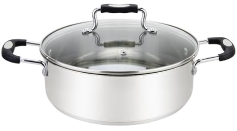 Millvado Stainless Steel Casserole Pot, Large Steel Dutch Oven, Boiling Pot for Soup, Spaghetti, Braising, 12.6 Quart Induction Cooking Pot, Urban Collection Low Round Mirrored Stainless Pots