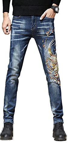 Hinewsa Men's Chinese Dragon Embroidery Jeans Fashion Slim Pencil Pants Stretch Denim Trousers