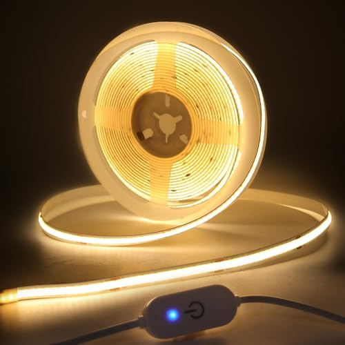 Wisada COB LED Streifen 2m, DC 5V 320 LEDs/m Dimmbar Flexibler LED Lichtband, Innenbereich Nicht Wasserdichte Warmweiß COB LED Band Lichterketten mit Löten Sie Weiß Touch Dimmer für Schrankbeleuchtung